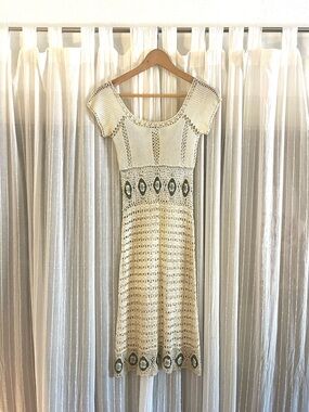 Allen B. By Allen Schwartz Cream Crochet Midi Dress with Green Accents